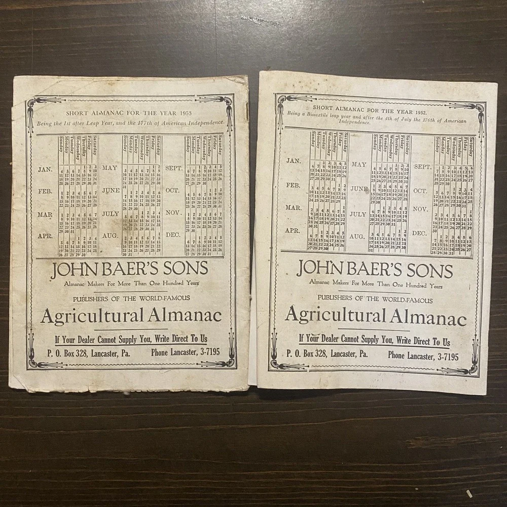 10 Antique Agricultural‎ Almanacs farm 1950-1959 John Baer's Sons Lancaster